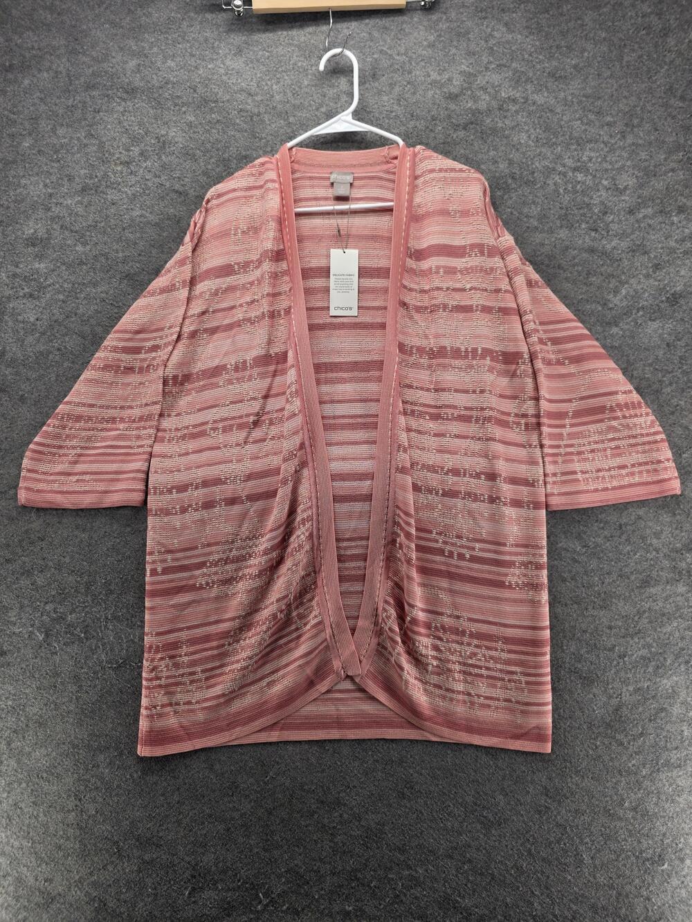 Chico's Cardigan Womens L Pink Open-Knit Jacquard 3/4 Sleeve Relaxed Sheer
